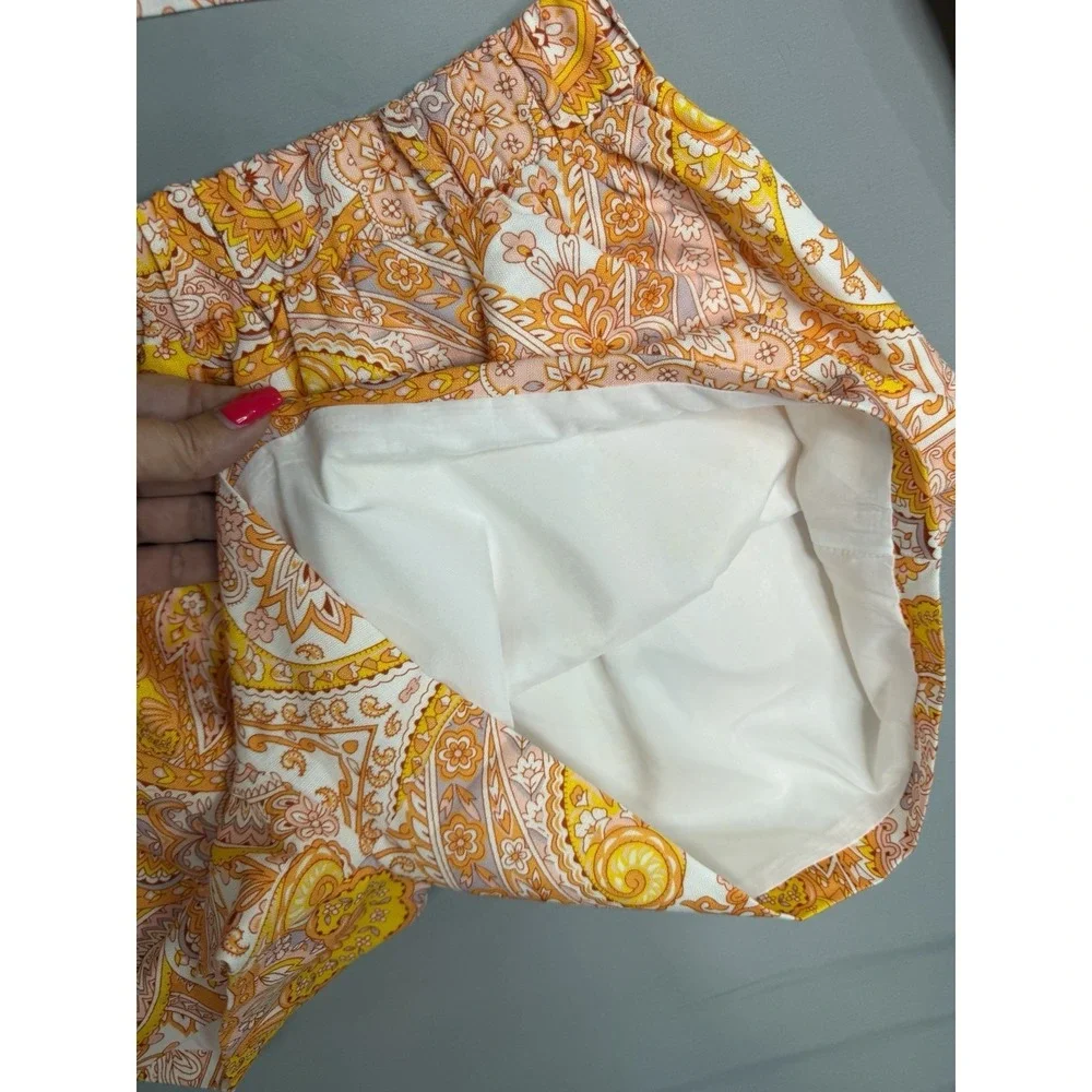 Mulla Linen Paisley Crop Top and Shorts Set L Orange White W/Belt Lined Party